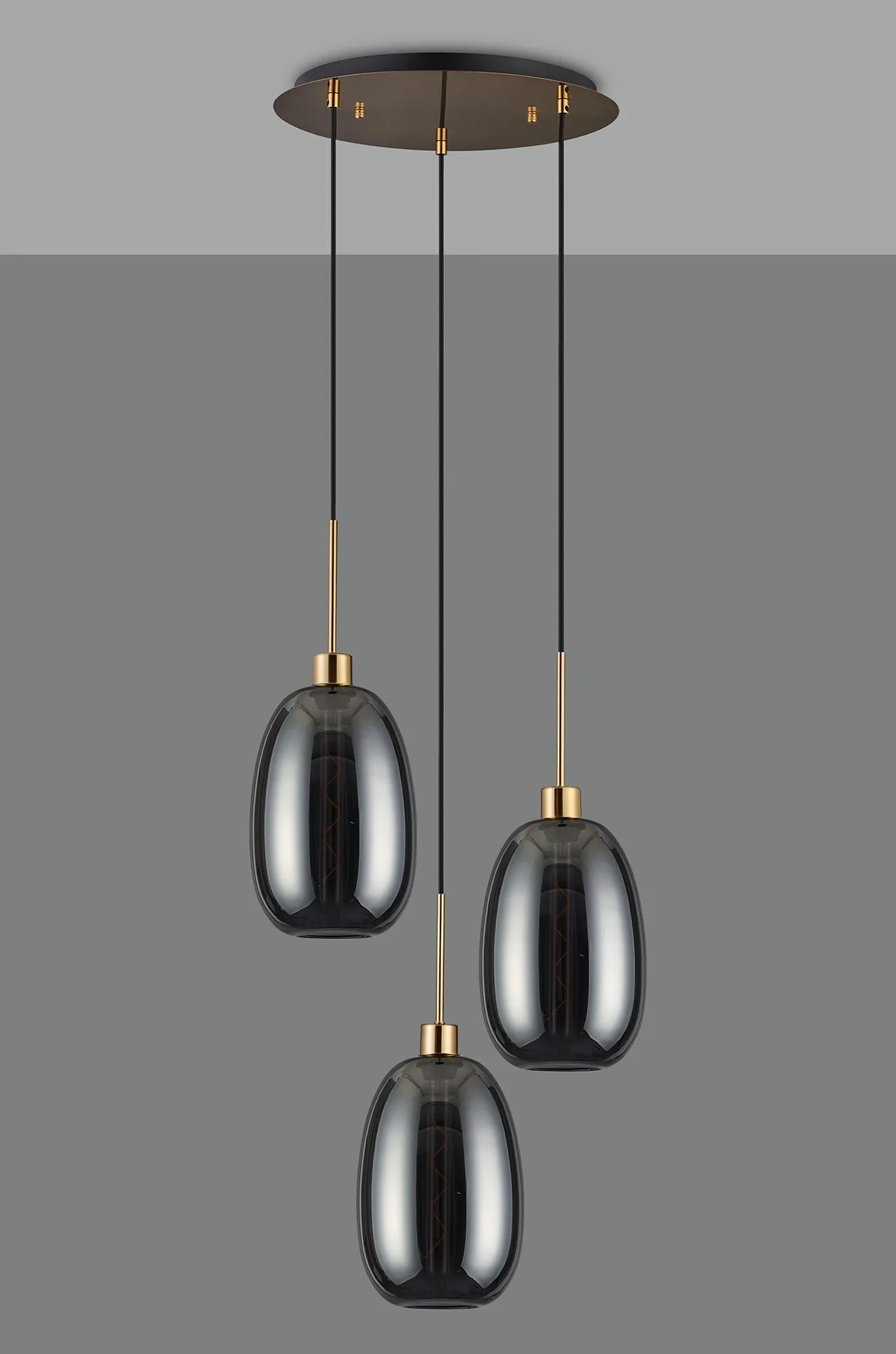 Lori 40cm Round Pendant, 3 Light Adjustable E27, Antique Gold/Smoke Slim Curved Trapezium Shades DK1185  Deco Lori Antique Gold